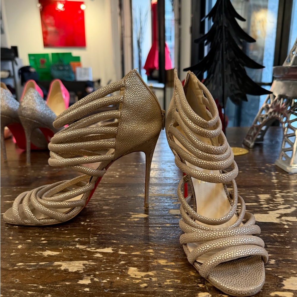Christian Louboutin Gold Metallic Strappy Caged Sandals | Size 41 |US 11